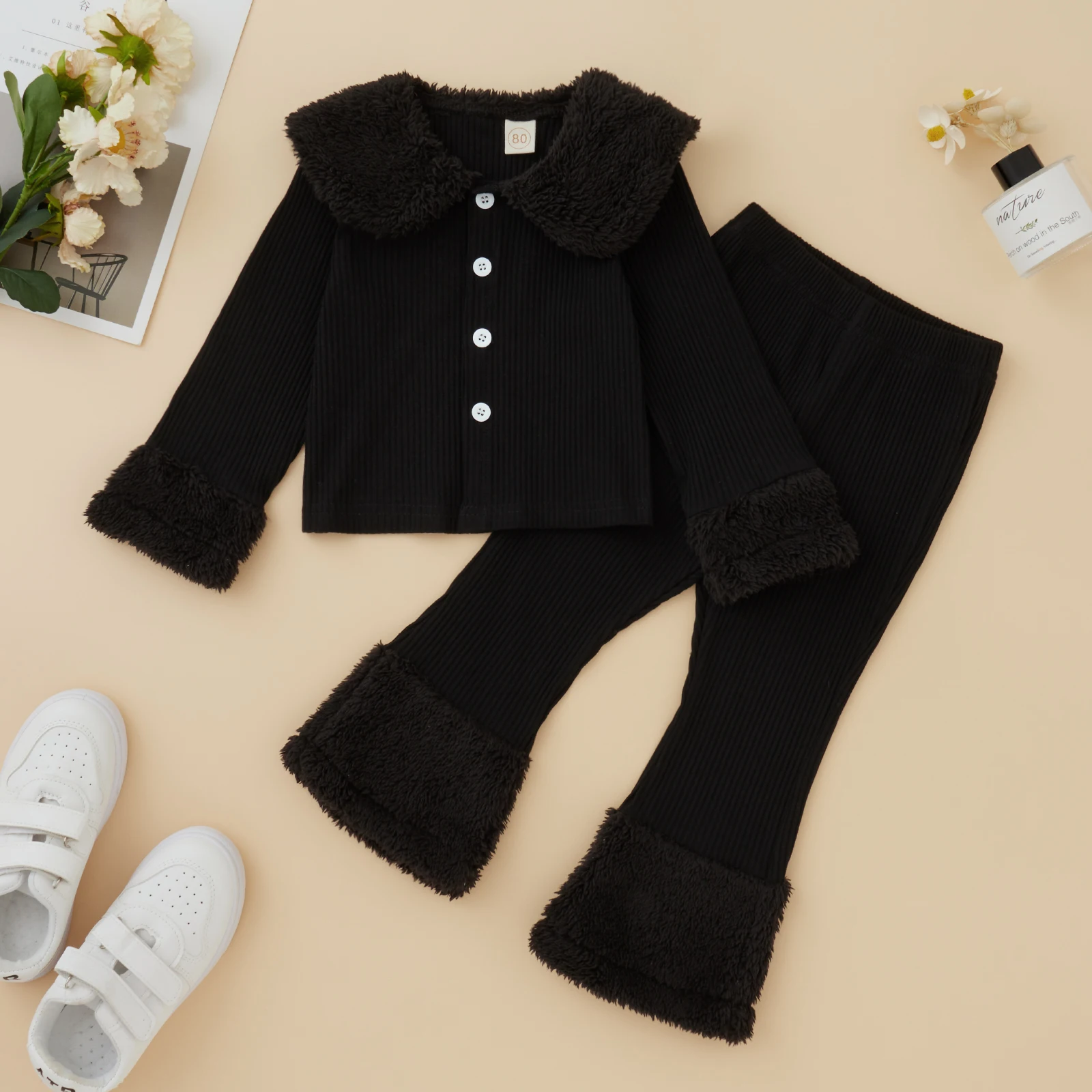 Toddler Baby Girls Knitted Tracksuits Casual Autumn Winter Lapel Button Long Sleeved Jacket + Pants Children Plush Outwear Set kids clothing set girls clothing set kids sports suit children sports suit kids sweatshirt set