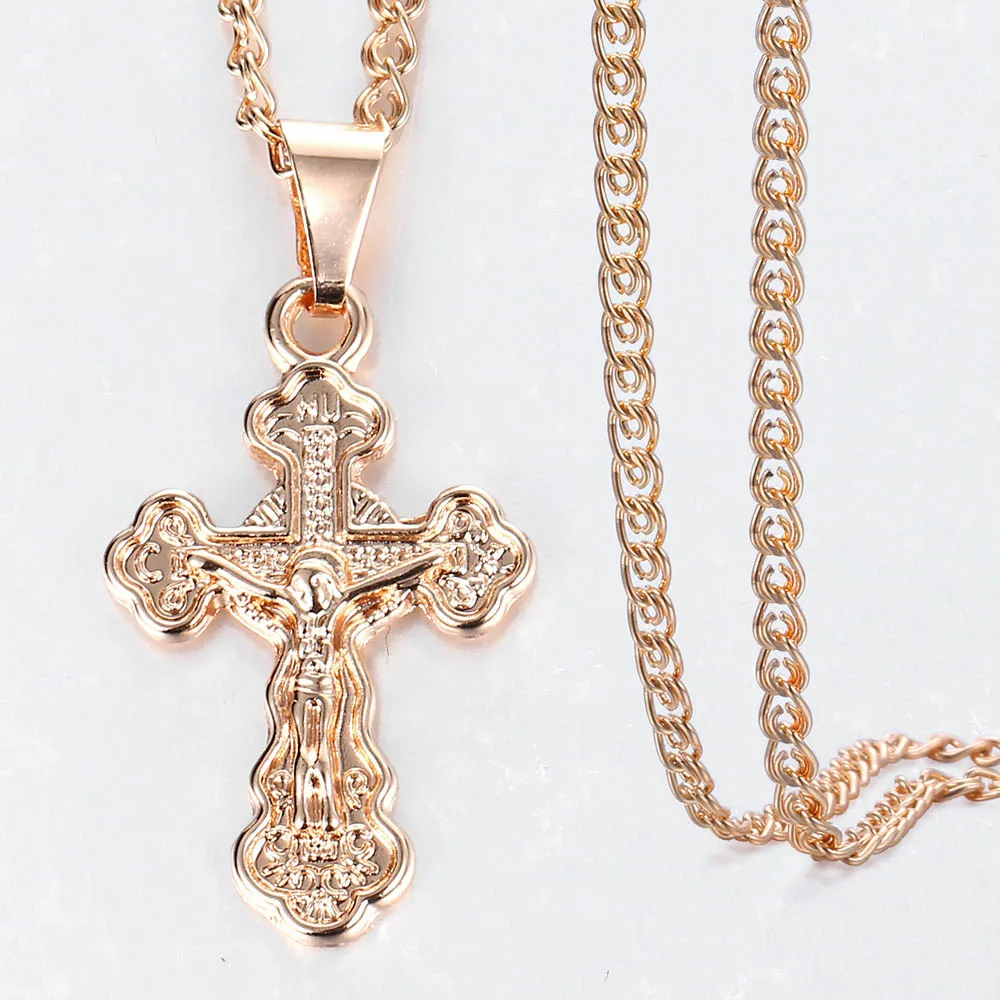 Подвесной крест с распятием, ожерелье для женщин и мужчин, 585, розовое золото, улитка, звено цепи, крест, ожерелье, модное,, ювелирное изделие KGP172