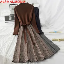 ALPHALMODA ТРАПЕЦИЕВИДНОЕ вязаное женское платье с высоким воротником, новинка, утолщенное Полосатое женское Элегантное трикотажное платье с поясом