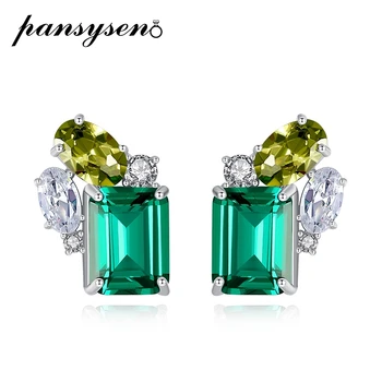 

PANSYSEN 100% 925 Sterling Silver Emerald Peridot Diamond Gemstone Wedding Engagement Stud Earrings Wholesale Fine Jewelry Gifts