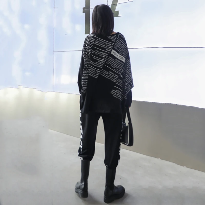 [EAM] Women black letter printed big size T-shirt New Round Neck Long batwing  Sleeve Fashion Tide  Spring Autumn 2020 1DA105