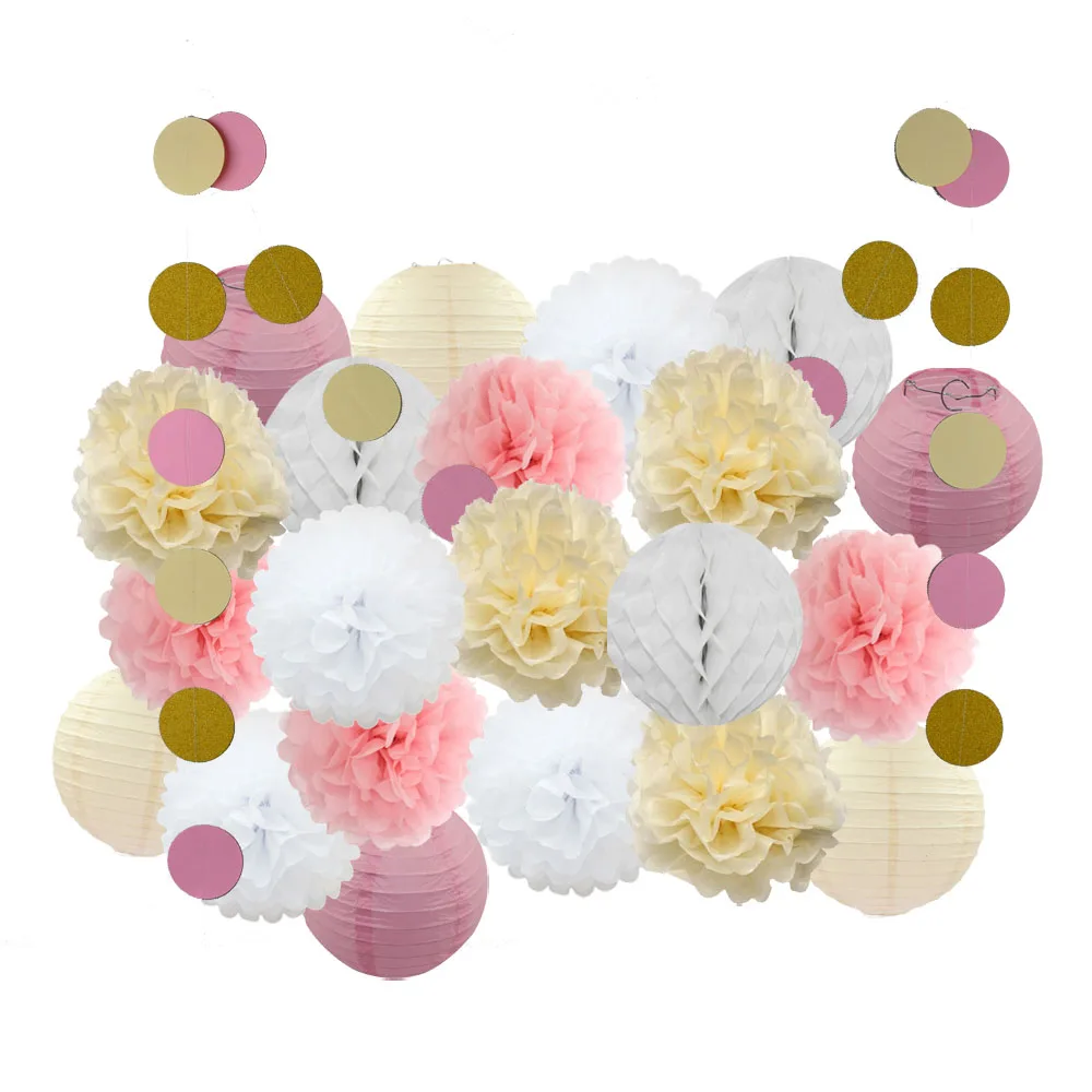 Pink beige set Для маленьких девочек украшение для детей 22 шт./компл. цвета: розовый, бежевый, голубой комплект круглый Бумага Фонари детей крещение украшения вечерние пользу висит Изделия из бумаги - Цвет: Pink beige set
