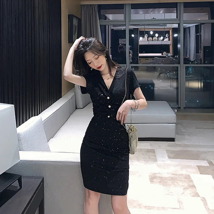 

2020 Spring And Summer Korean-style New Style Hepburn Black Shining Bright Button V-neck Party Formal Dress Mid-length Slimming