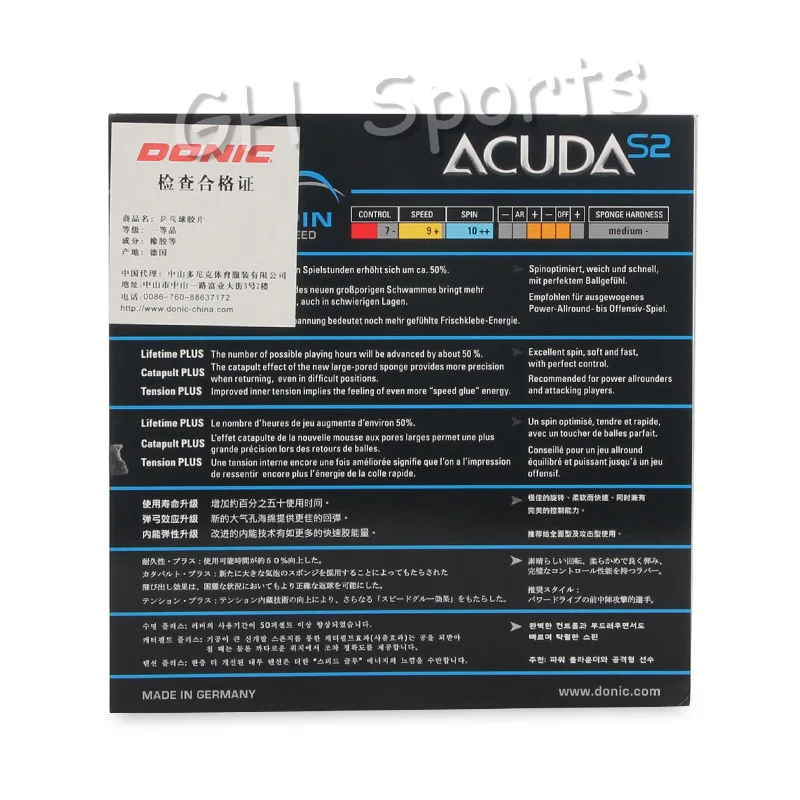 Donic ACUDA S2 Pips-Настольный теннисный резиновый пинг-понг с бугорками с губкой Tenis De Mesa