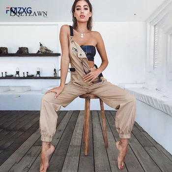 

Women Khaki Romper Overall Casual Backless Long Trouser Basic Cargo Pants Wide Leg Jumpsuit Female Streetwear Metal Chain Romper