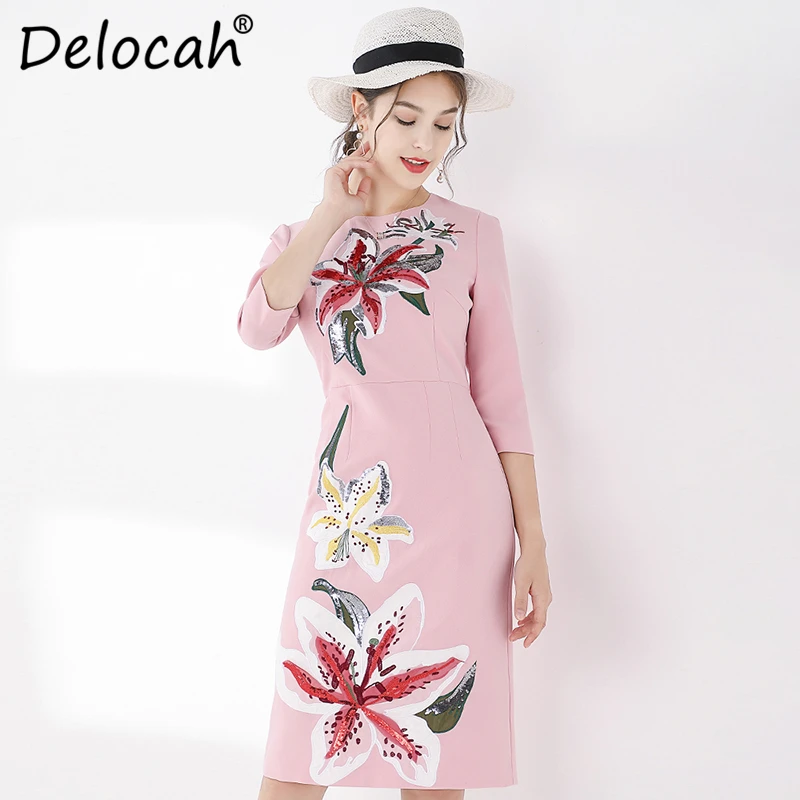 Delocah, модное осеннее розовое платье миди для подиума, женские элегантные жаккардовые платья с блестками, с разрезом, с поясом, женские повседневные платья