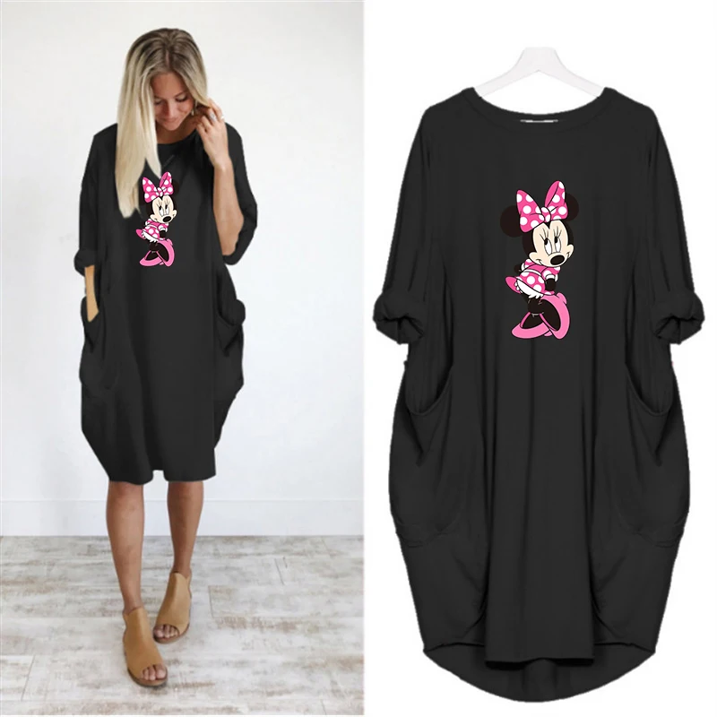 D002m134-Black Женское осеннее платье с мультяшным принтом, свободные платья с карманами, винтажная одежда макси, Вечерние Повседневные платья, женское платье большого размера - Цвет: D002m134-Black