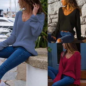 

2020 Arrived V Neck Thin Knitted Sweater Loose Casual Autumn Winter Women Pullover Black Red Blue Female Top Solid Easy to Match