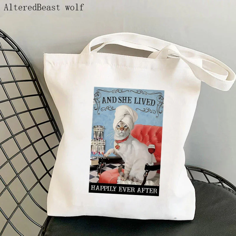 Women Shopper bag She Lived Happily Cat Wine Lover Cat Bag Harajuku Shopping Canvas Shopper girl handbag Tote Shoulder Lady Bag