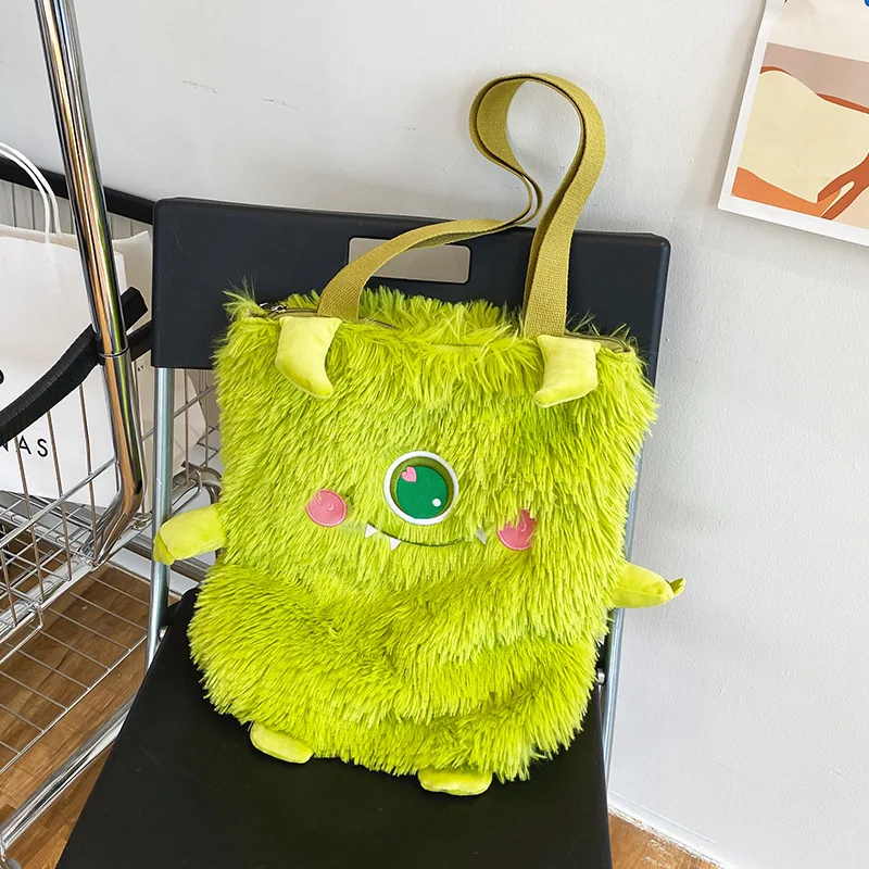 Women new Japanese cute funny plush handbag personality embroidery little monster plush girl student shoulder bag female bag