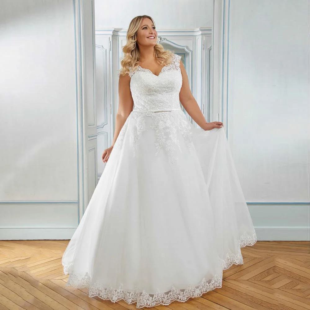 Romantic A Line Wedding Dress Cap Sleeve V Neck Sleeveless Appliques Vestido De Noiva Long Bridal Gown Plus Size Customized 5
