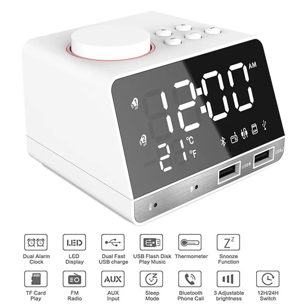 Digital Alarm Clock Bluetooth Radio Alarm Clock Speaker Temperature 2 USB Ports LED Display Home Decoration Snooze Table Clock