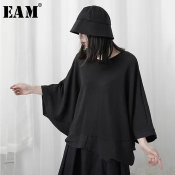 

[EAM] Women Black Brief Big Size T-shirt New Round Neck Three-quarter Batwing Sleeve Fashion Tide Spring Summer 2020 1U365