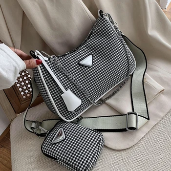 

Fashion Chain Plaid Women Shoulder Bag Designer Wide Strap Crossbody Messenger Bag Lady 2 Bags Set Women Bags Satchels Females