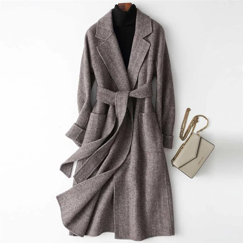 Manteau Long en laine avec ceinture pour femme, élégant, col rabattu, chaud, hiver, 2019
