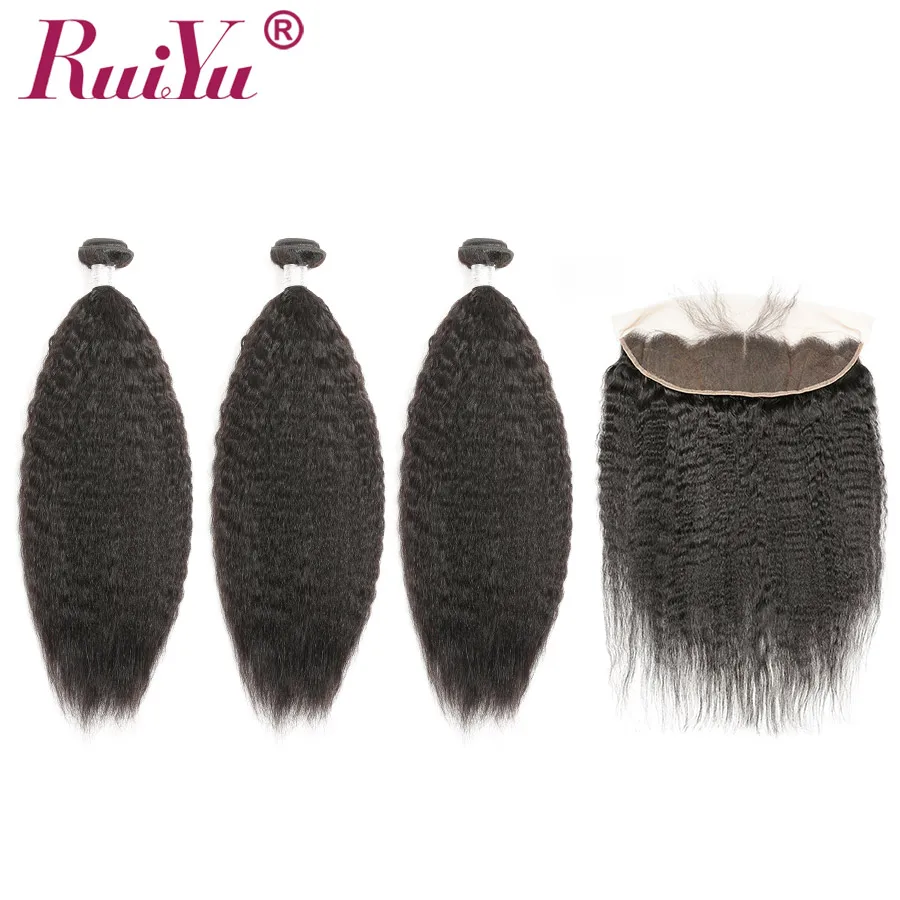 

RUIYU Kinky Straight Human Hair Bundles With Frontal Peruvian Hair Weave Bundles With Frontal Closure Remy Hair Extensions