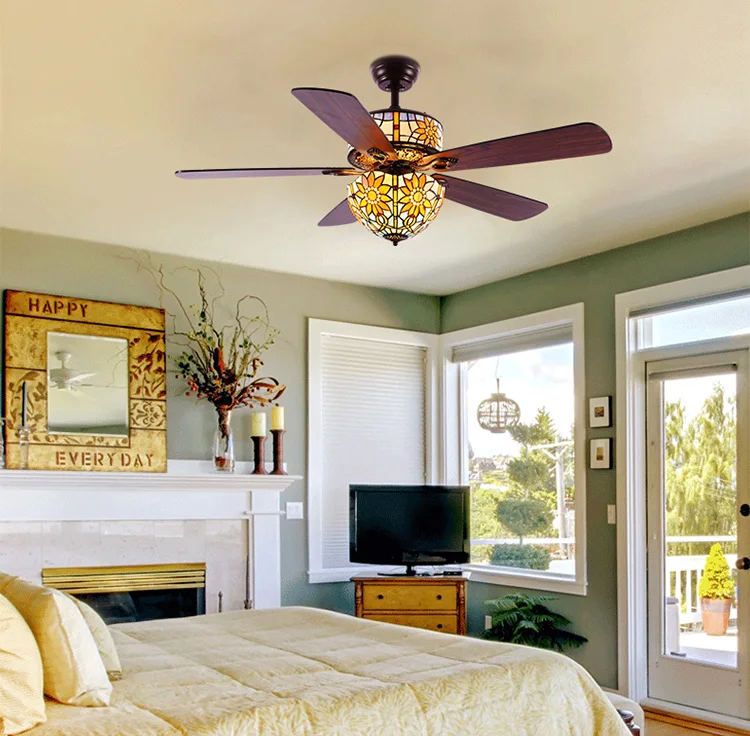 Decorative Fancy Pendant Tiffany Electrical Remote Control Ceiling Fan With Light