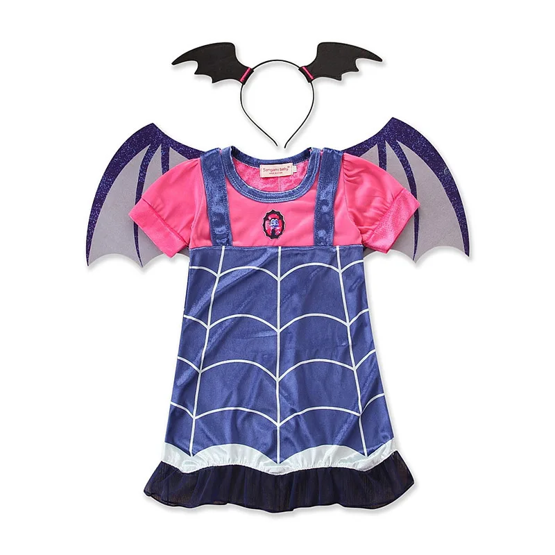 Детское платье для девочек; костюм Vampirina; Детские вечерние костюмы на Хэллоуин, карнавал, Лето; одежда с короткими рукавами для маленьких девочек; аксессуары «летучая мышь»