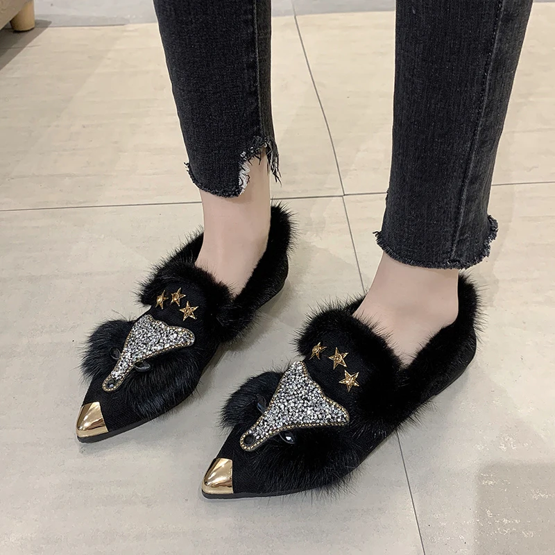 

Crystal Shoe Warm Furry Loafers Suede Casual Shoes Women Flat Black Fashion Shoes for Women Flats Comfortable Winter Women Shoes