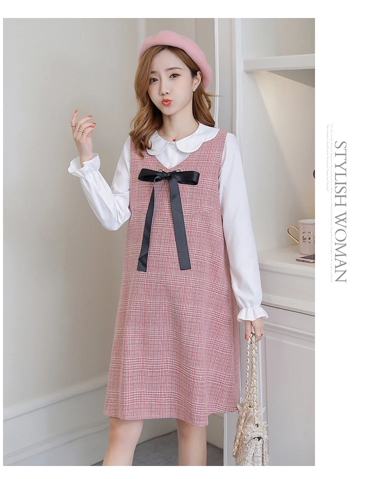 6596# 2PCS/Set Autumn Korean Fashion Maternity Dress Sweet Lovely Straight Loose Clothes for Pregnant Women Fall Pregnancy