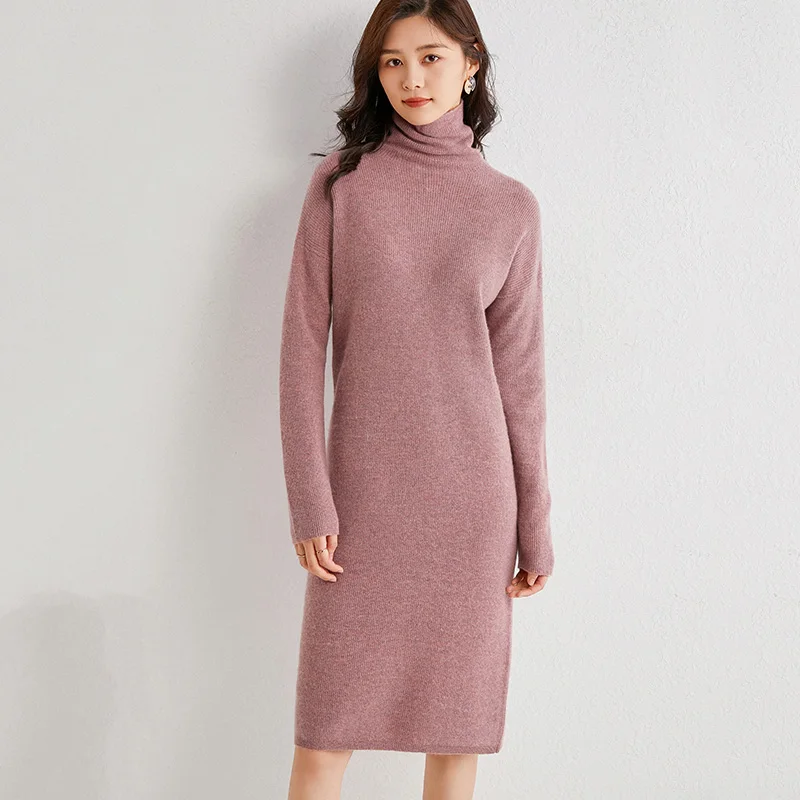 2020  Women  Cashmere Knit Dress  Turtleneck Slim