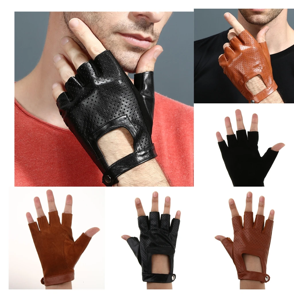 Retro Real Leather Men Fingerless Outdoor Driving Cycle Gloves