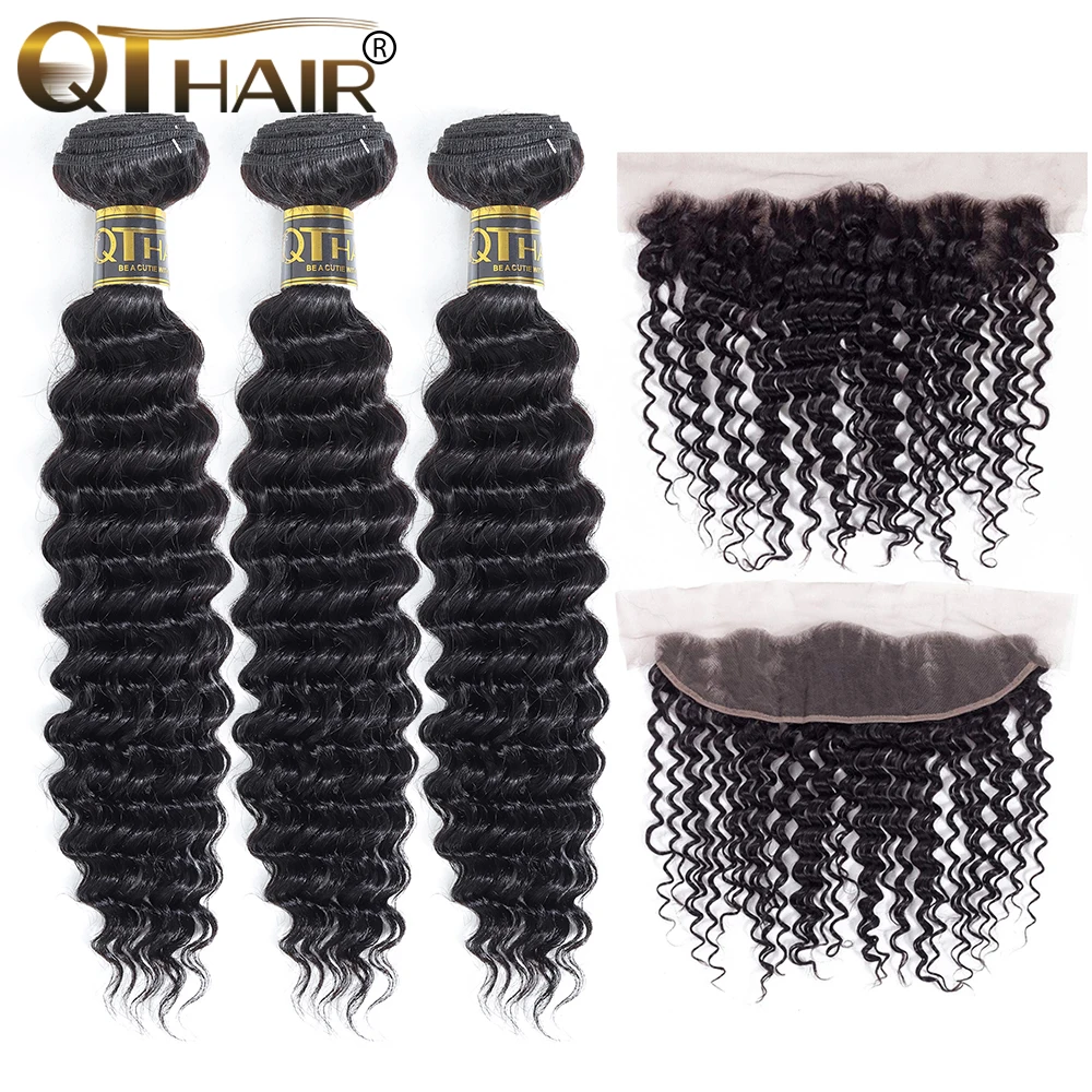

Brazilian Deep Wave Human Hair Weave 3 Bundles With Lace Closure Frontal Ear To Ear Closure With Non Remy QT Hair Bundles