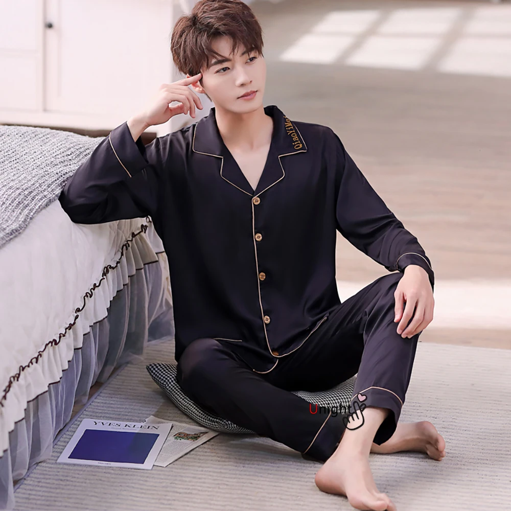 best mens pajamas High Quality Men Spring Home Clothes 3xl Luxury Pajamas 5xl Large Bust Male Sleepwear Long Sleeve Black Silk Sleep Pajama Sets mens pjs set