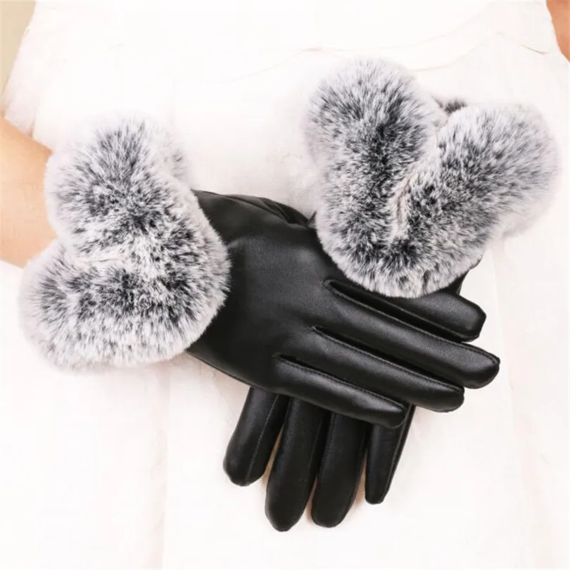 YRRETY модные зимние Для женщин на открытом воздухе Повседневное перчатки из кожи и плюша Ветрозащитный Полный палец рукавицы для запястья, женская теплая обувь на кроличьем меху Перчатки