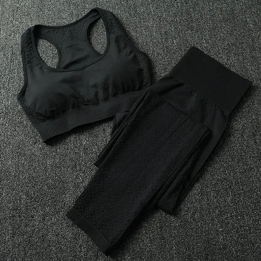 Женский бесшовный комплект для йоги, колготки, мягкий спортивный бюстгальтер пуш-ап+ укороченный топ с длинными рукавами+ леггинсы для фитнеса с высокой талией, спортивный костюм для фитнеса - Цвет: Black Bra 2Pcs