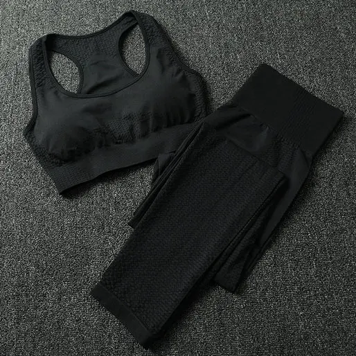 Black Bra 2Pcs Женский бесшовный комплект для йоги, колготки, мягкий спортивный бюстгальтер пуш-ап+ укороченный топ с длинными рукавами+ леггинсы для фитнеса с высокой талией, спортивный костюм для фитнеса - Цвет: Black Bra 2Pcs