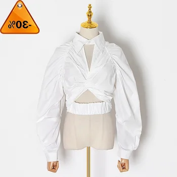 

Women Casual Ruched Blouse Lapel Collar Lantern Long Sleeve Hollow Out Short Shirt Female Fashion Clothing 2020 New
