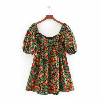 

2020 New Women vintage square collar flower print casual loose Dress female lantern sleeve pleats Vestidos Chic Dresses DS3807