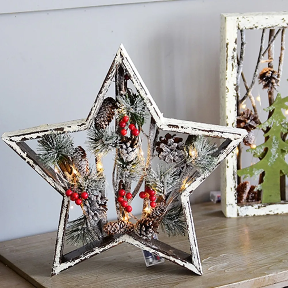 

Christmas Square Wall Hanging Desktop Ornaments Creative LED Pentagam Red Berries Tree Lighting Christmas Decorations