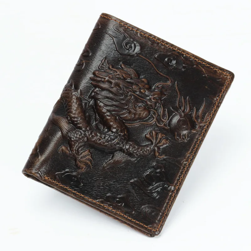 Chinese Dragon Wallet Vintage Genuine Leather Men's Wallets Brand Unique Design Male Folding Long Short Purse Card Holder W208