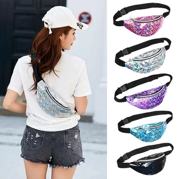 

Women Sequin Glitter Waist Bags Fanny Pack Single Pocket Laser Chest Bag Female Shoulder Belt Bag Phone Pouch Girls Packs
