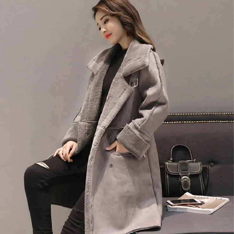 Jrnnorv, Женская замшевая зимняя куртка с мехом,, модная, на молнии, с карманами, толстая, Искусственная овчина, длинное пальто, пальто для женщин