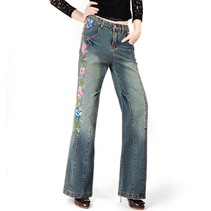 Free Shipping 2023 New Fashion Long Pants For Women Embroidery Flower Trousers Plus Size Denim Wide Leg Jeans Female Chinese