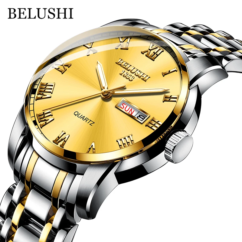 BELUSHI мужские часы классические бизнес роскошные Брендовые Часы мужские водонепроницаемые светящиеся часы из нержавеющей стали часы с датой Relogio Masculino - Цвет: Gold