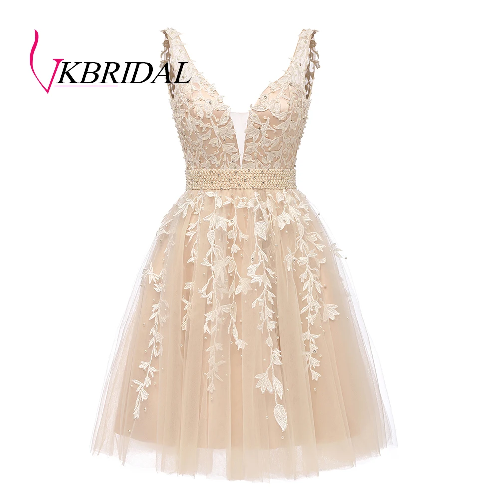 

VKBRIDAL Short Homecoming Dresses 2019 Sexy Plunging V-Neck Tulle Lace Beaded Pearls Crystal vestidos de graduacion corto