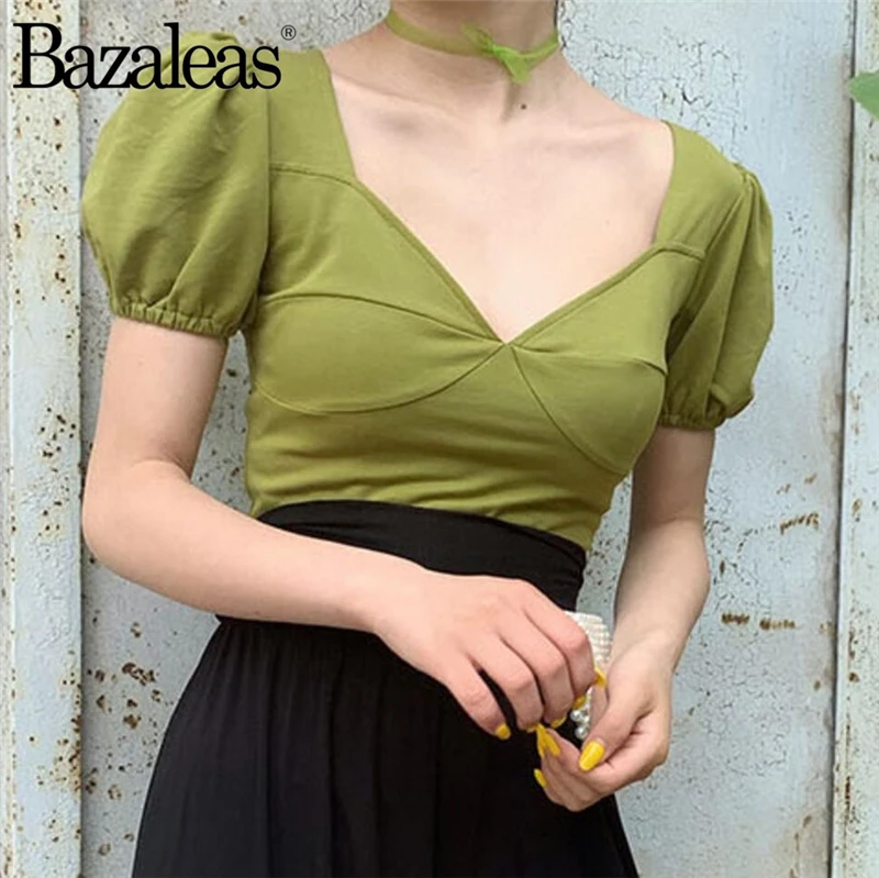 Bazaleas Мода blusas mujer de moda шикарные яркие зеленые Блузы с пышными рукавами элегантная женская блузка Прямая