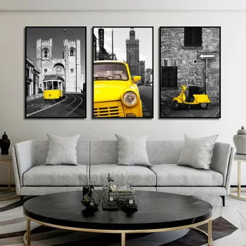 

Black and White Street Landscape Yellow Car Print Poster Modern Canvas Painting Photo Home Decoration Frameless Wall Art