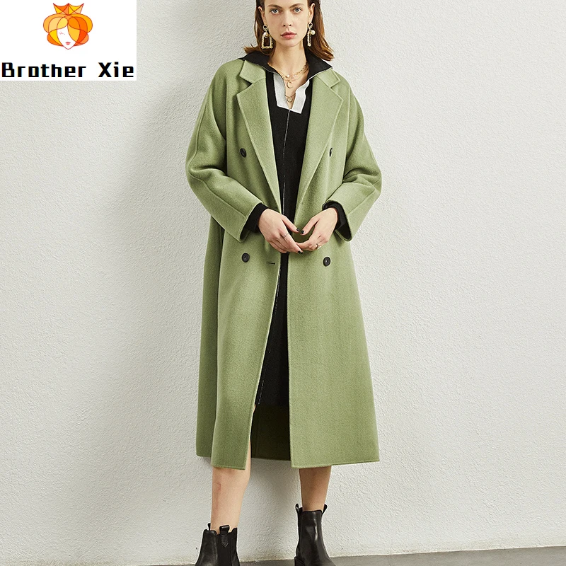 

Luxurious handmade 100% woolen coats autumn winter fashion shea butter green double faced long woolen coat women's pure cashmere