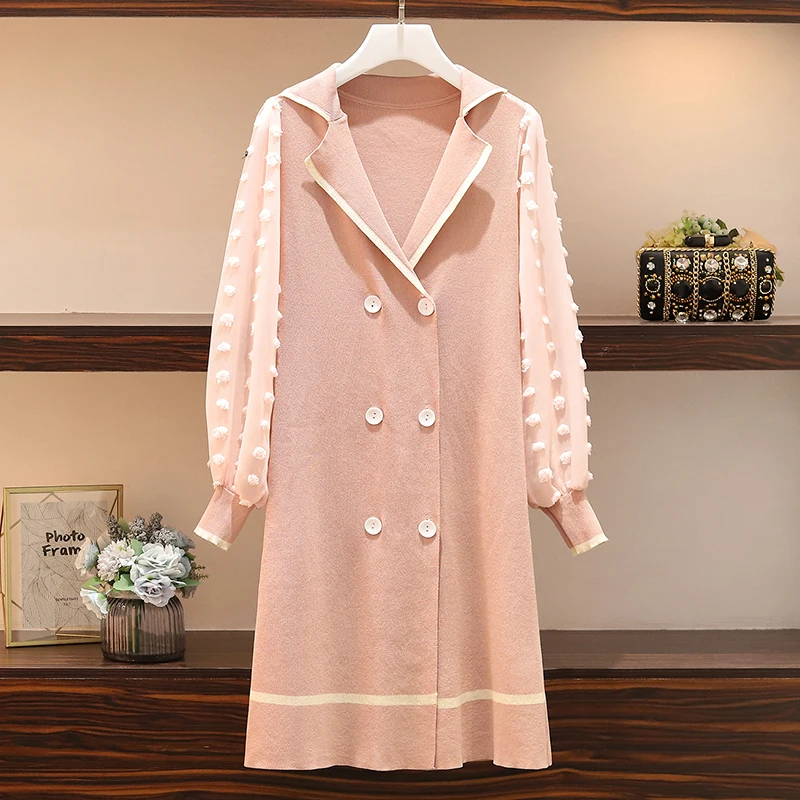 

Elegant Appliques Chiffon Lantern Sleeve Patchwork Knit Dress 2019 Autumn Women Notched Double-Breasted Plus Size Knitted Dress