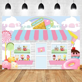 

Ice Cream Shop Background for Photography Baby Shower Birthday Party Decoration Backdrops Candy Dessert Table Photographic Props