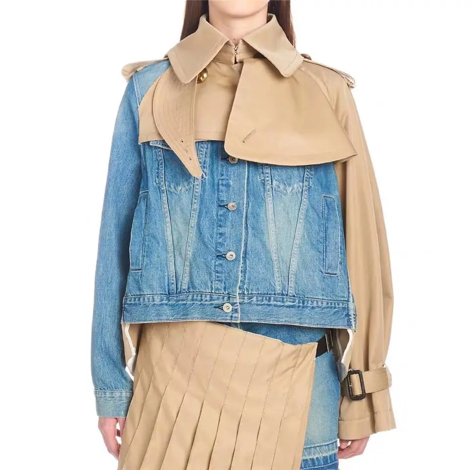 

Runway High Street Short Trench Denim Patchwork Ruffles Outerwear Coat Women Designer Personality Clothing Autumn Winter Coats