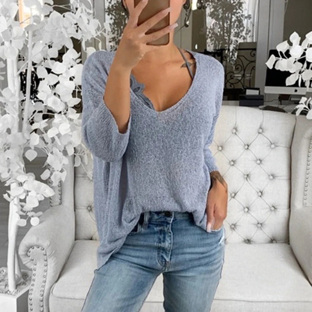 

NIBESSER Women Thin Pullovers Long Sleeve Sexy Deep V neck Loose Sweater Ladies Casual Streetwear Autumn Women Knitted Tops 2019