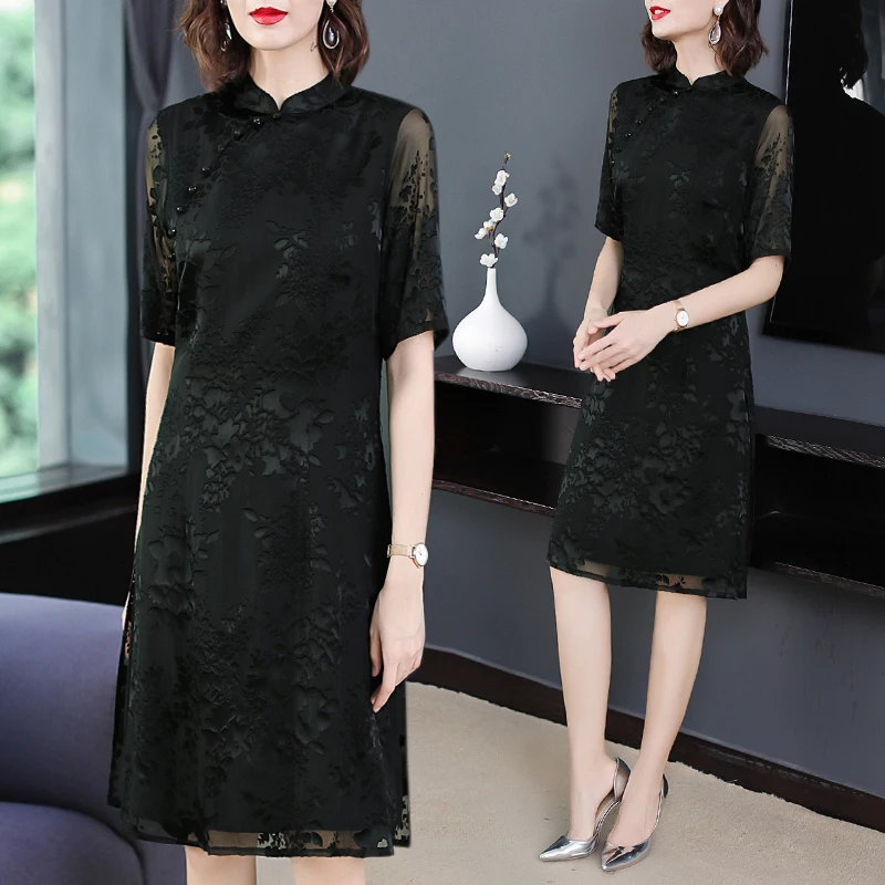 Летнее шелковое платье с блокбастером женское Новое улучшенное чонсам шелк из