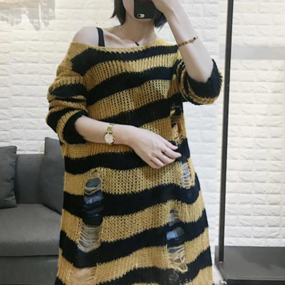 Женский свитер, готический вязаный свитер, женские длинные пуловеры, полосатые свободные зимние рваные свитера размера плюс, джемперы - Цвет: Золотой