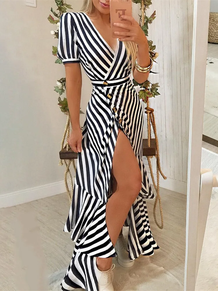 

2019 Autumn Women Elegant V-Neck Casual Dress Female Asymmetrical Long Party Dress Striped Slit Irregular Ruffles Hem Dress